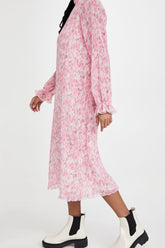 Robe mi-longue plissée à col montant et manches longues, effet tie-dye - Rose